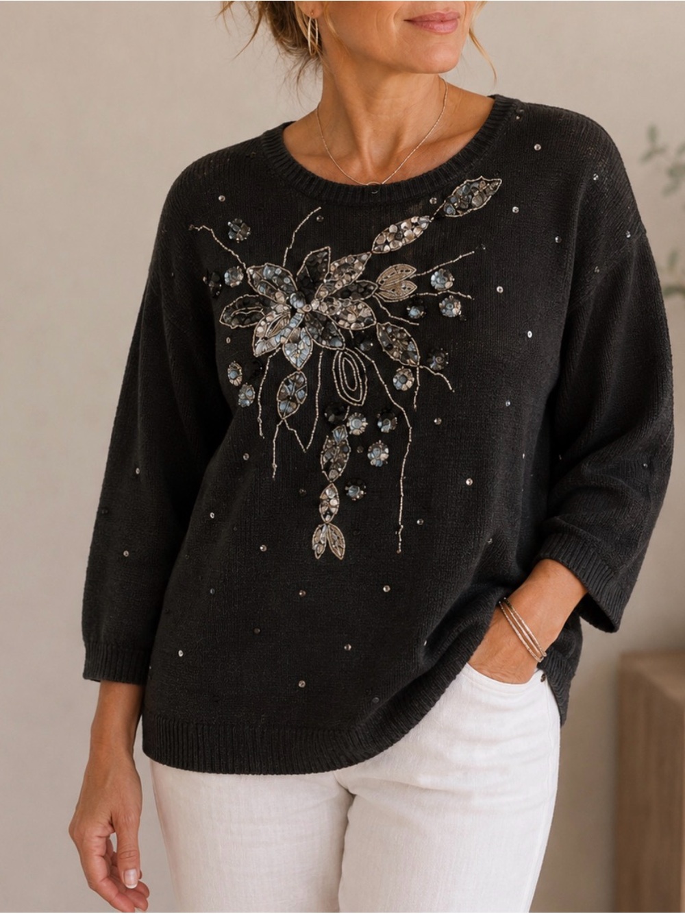 SHENANIGANS VTG S cotton-ramie beaded floral black old money crew neck sweater